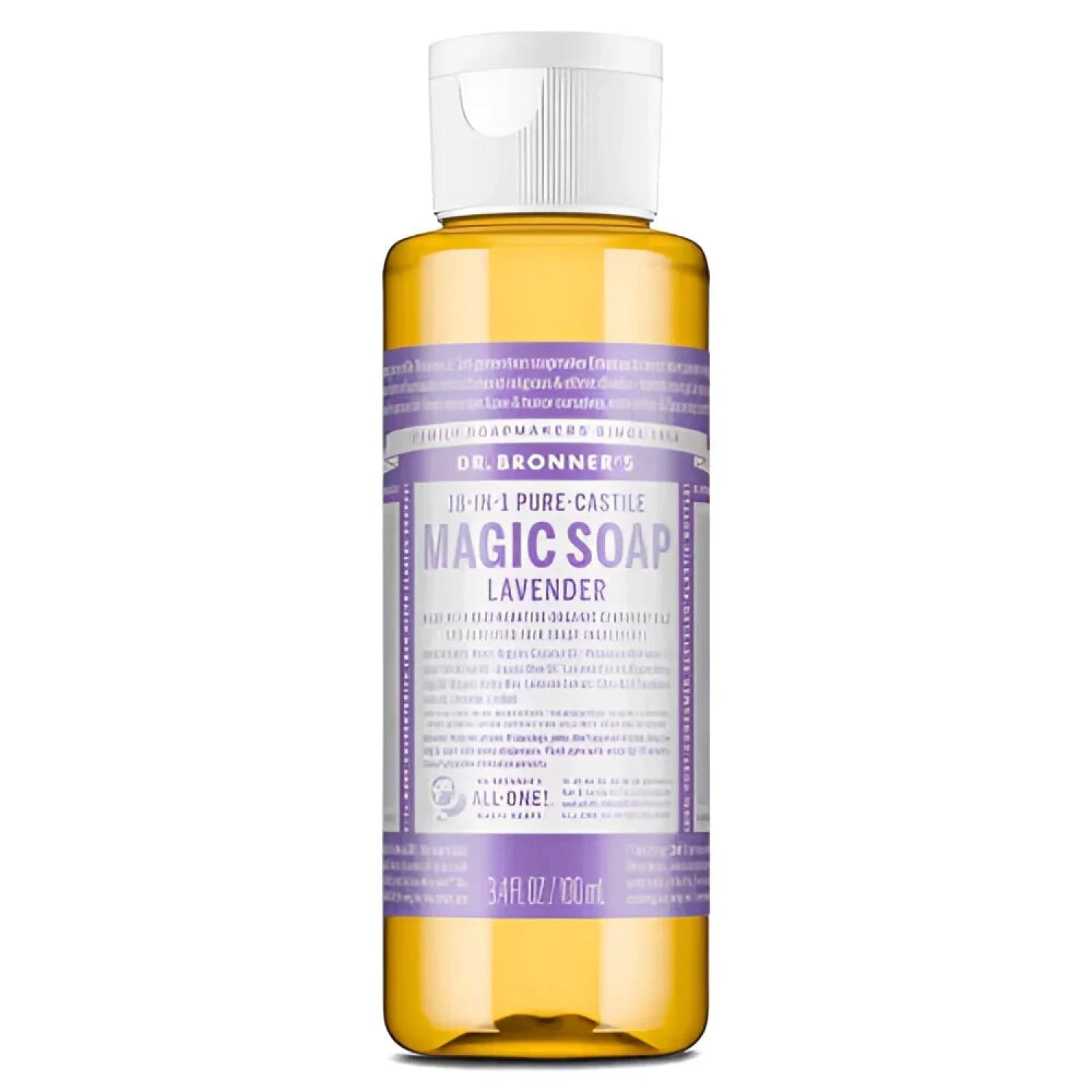 Dr. Bronner's Liquid Castile Soap in lavender, 3.4 oz size front bottle
