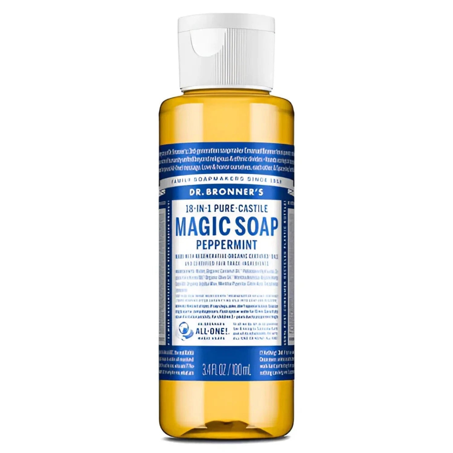 Dr. Bronner's Liquid Castile Soap in peppermint, 3.4 oz size front bottle