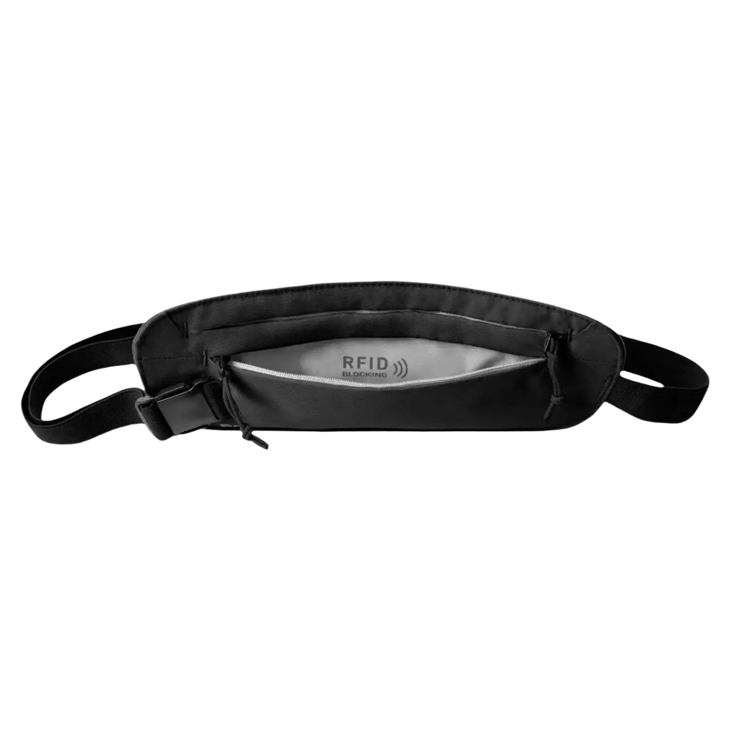 Eagle Creek Undercover RFID Money Belt in black, top unzipped view