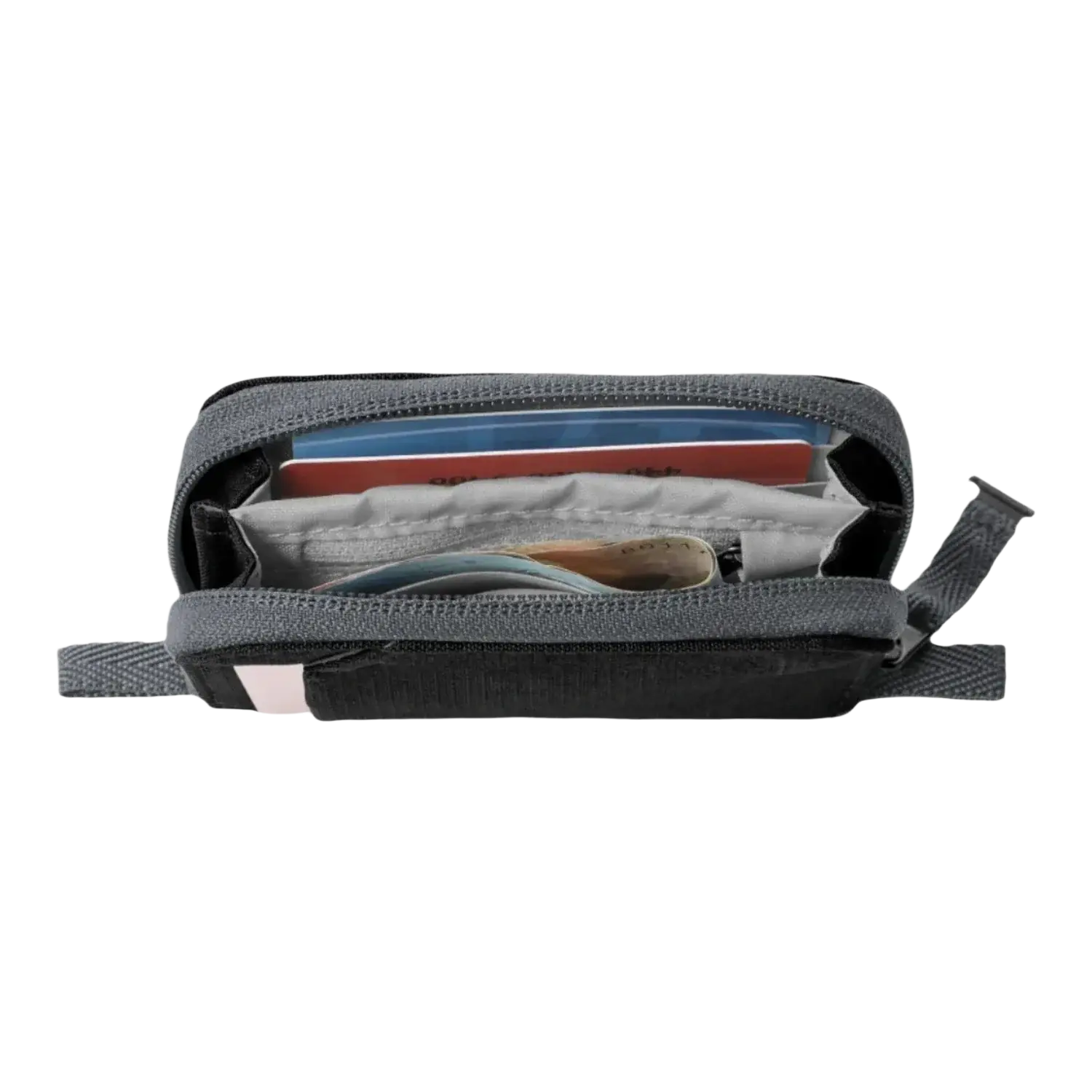 Eagle Creek Stash RFID Zip Wallet in black, open packed view