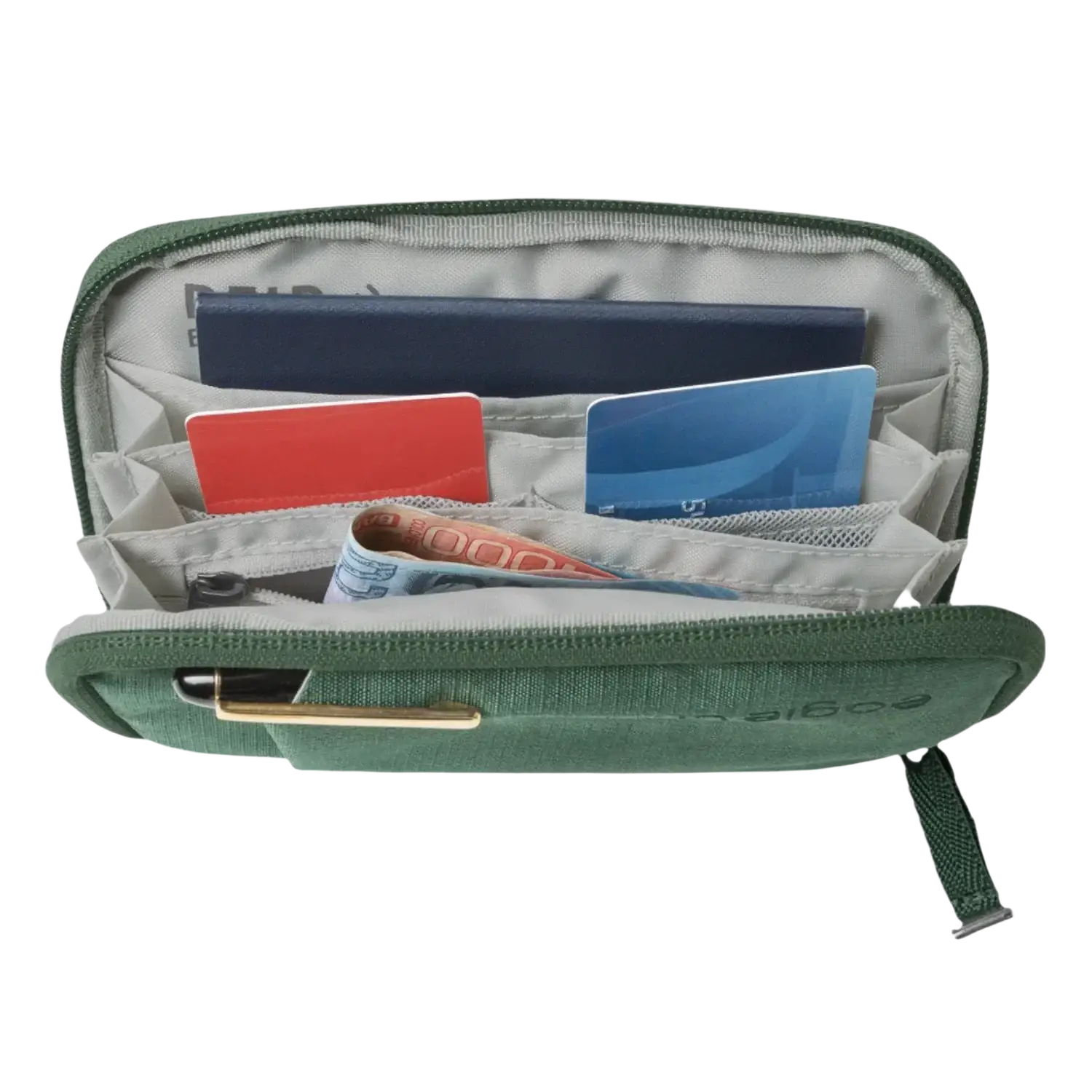 Eagle Creek Stash RFID Passport Wallet in grass green, open with cards view