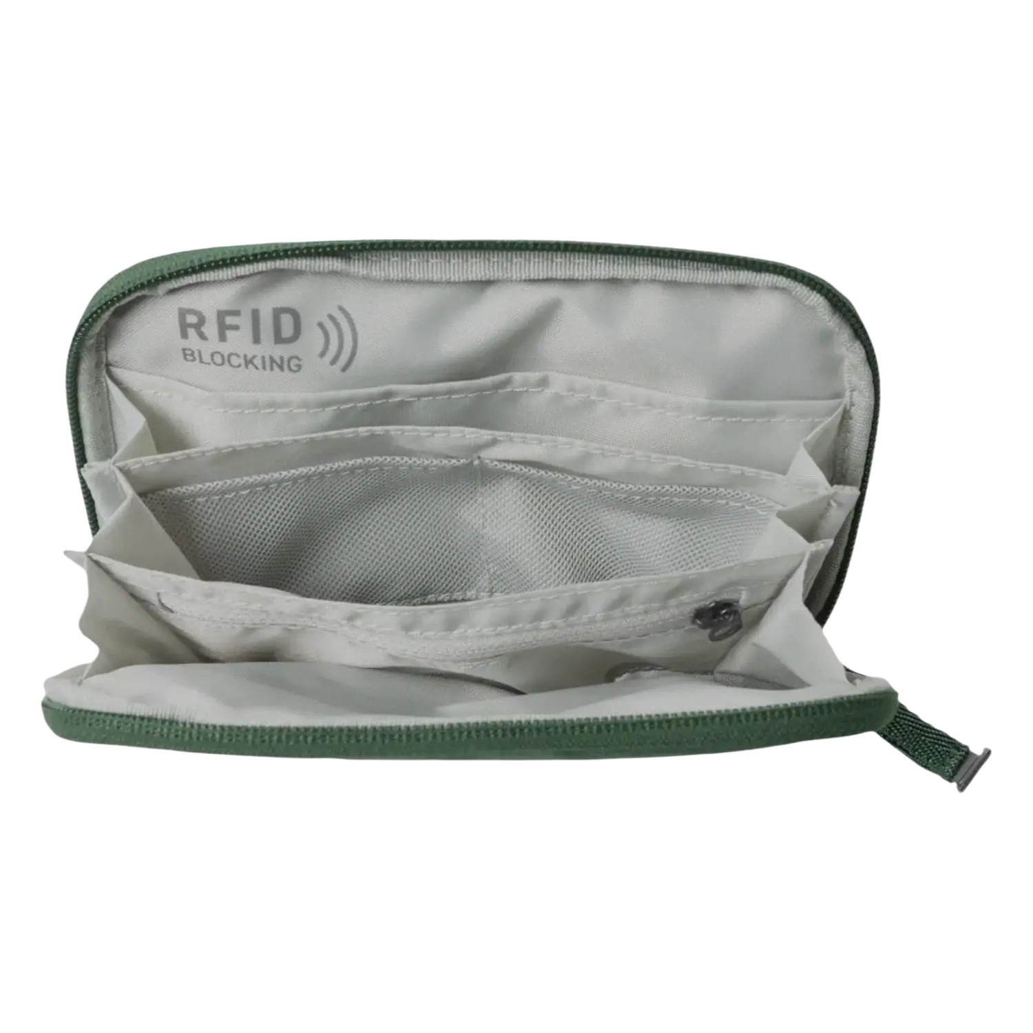 Eagle Creek Stash RFID Passport Wallet in grass green, open view