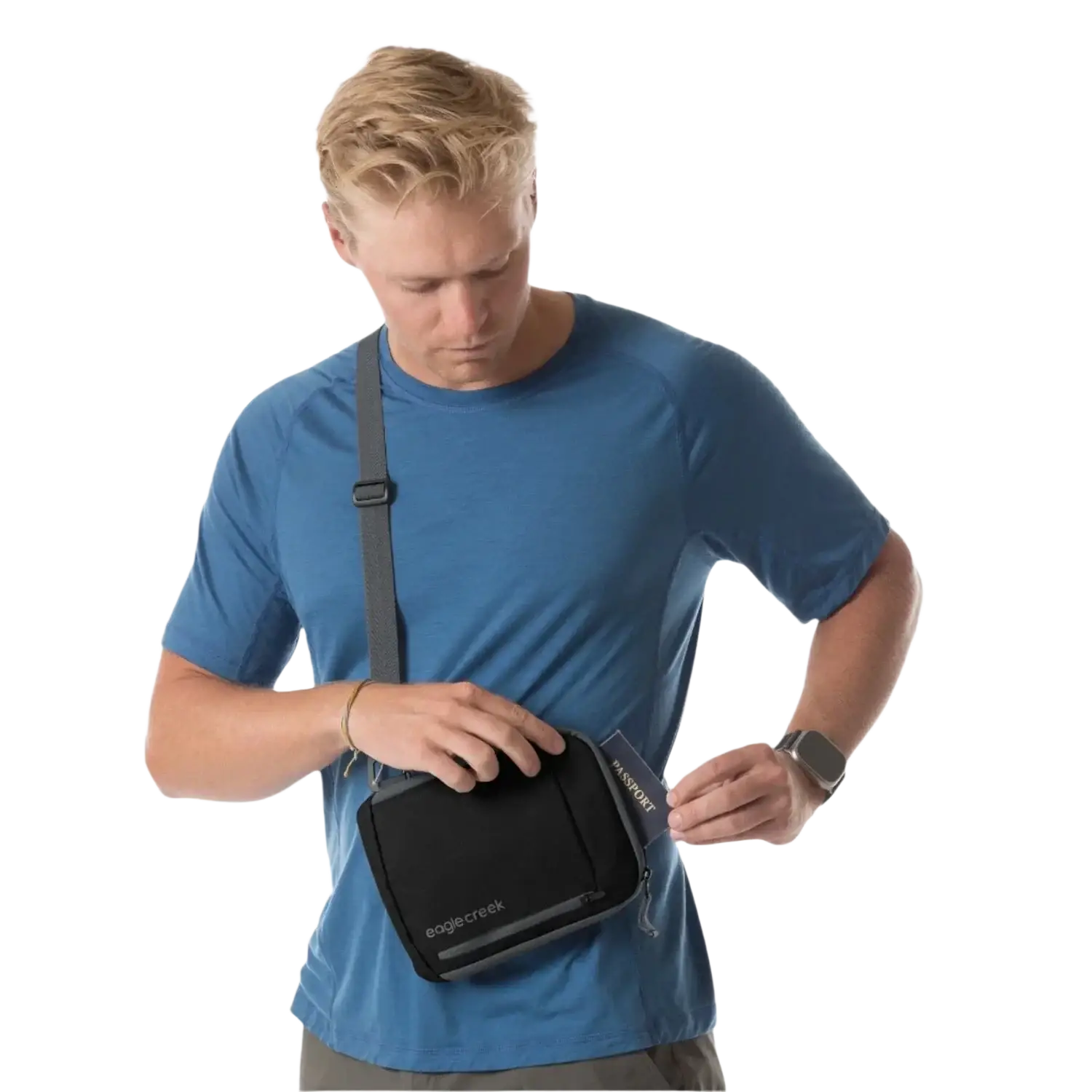 Eagle Creek Stash RFID Crossbody Bag in black, on model 