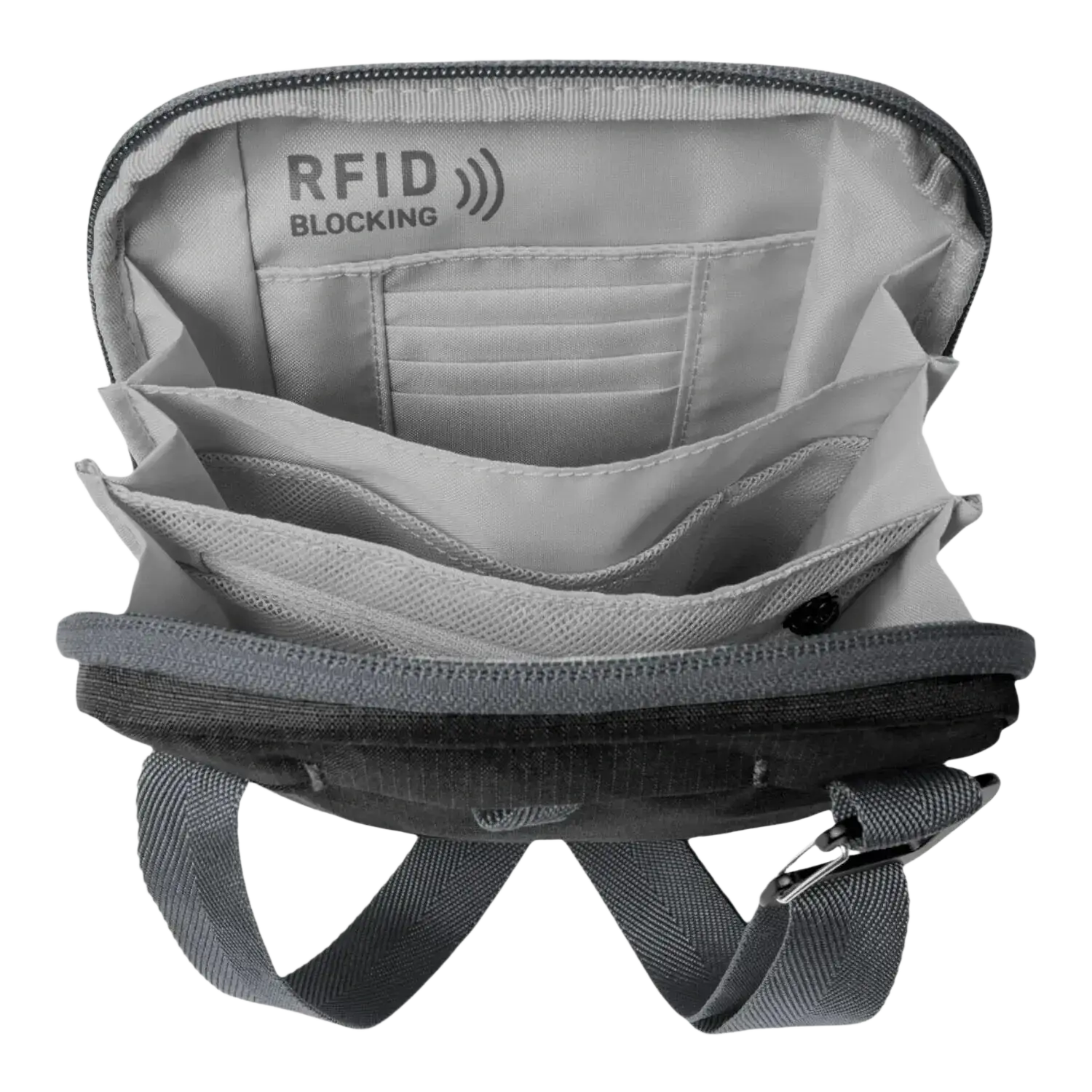 Eagle Creek Stash RFID Crossbody Bag in black, open view