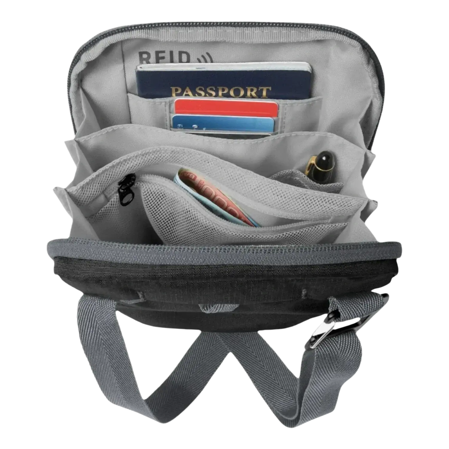 Eagle Creek Stash RFID Crossbody Bag in black, open packed view