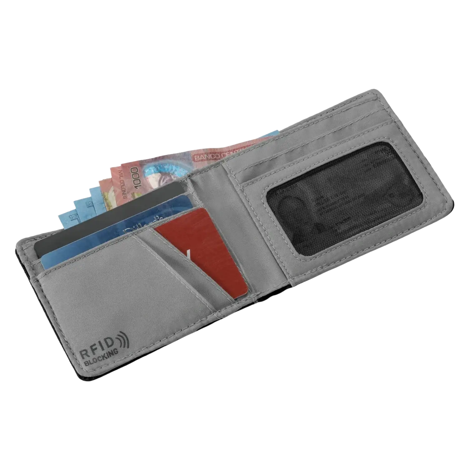 Eagle Creek Stash RFID Bifold Wallet in black, open packed view