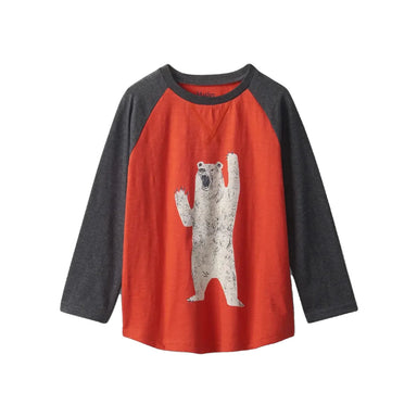 Hatley Long Sleeve t-shirt with a polar bear on the front. Red body with heather grey sleeves.