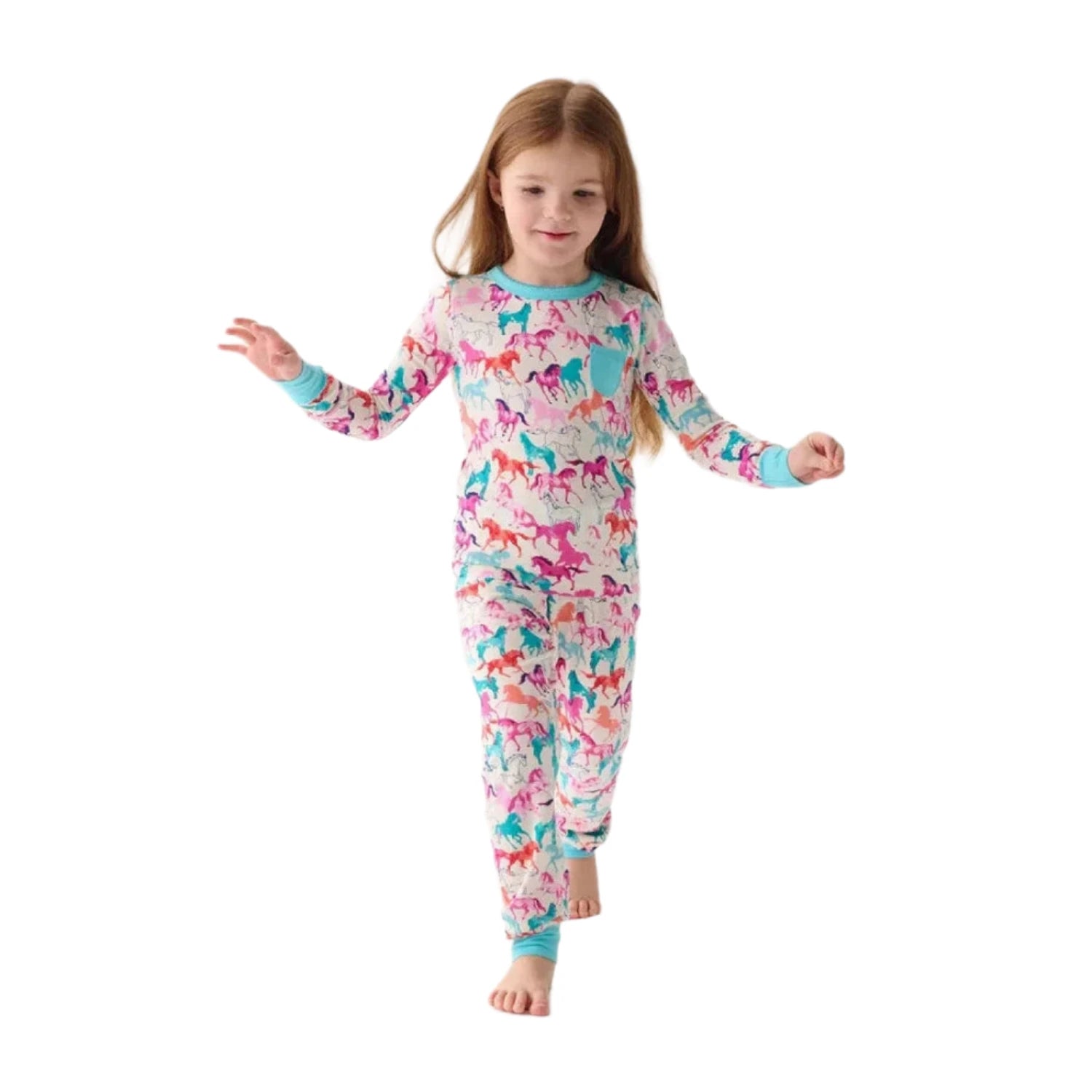 Hatley Kid's Bamboo Pajama Set in pretty horses, on model front