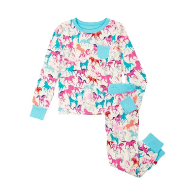 Hatley Kid's Bamboo Pajama Set in pretty horses print, set flat front