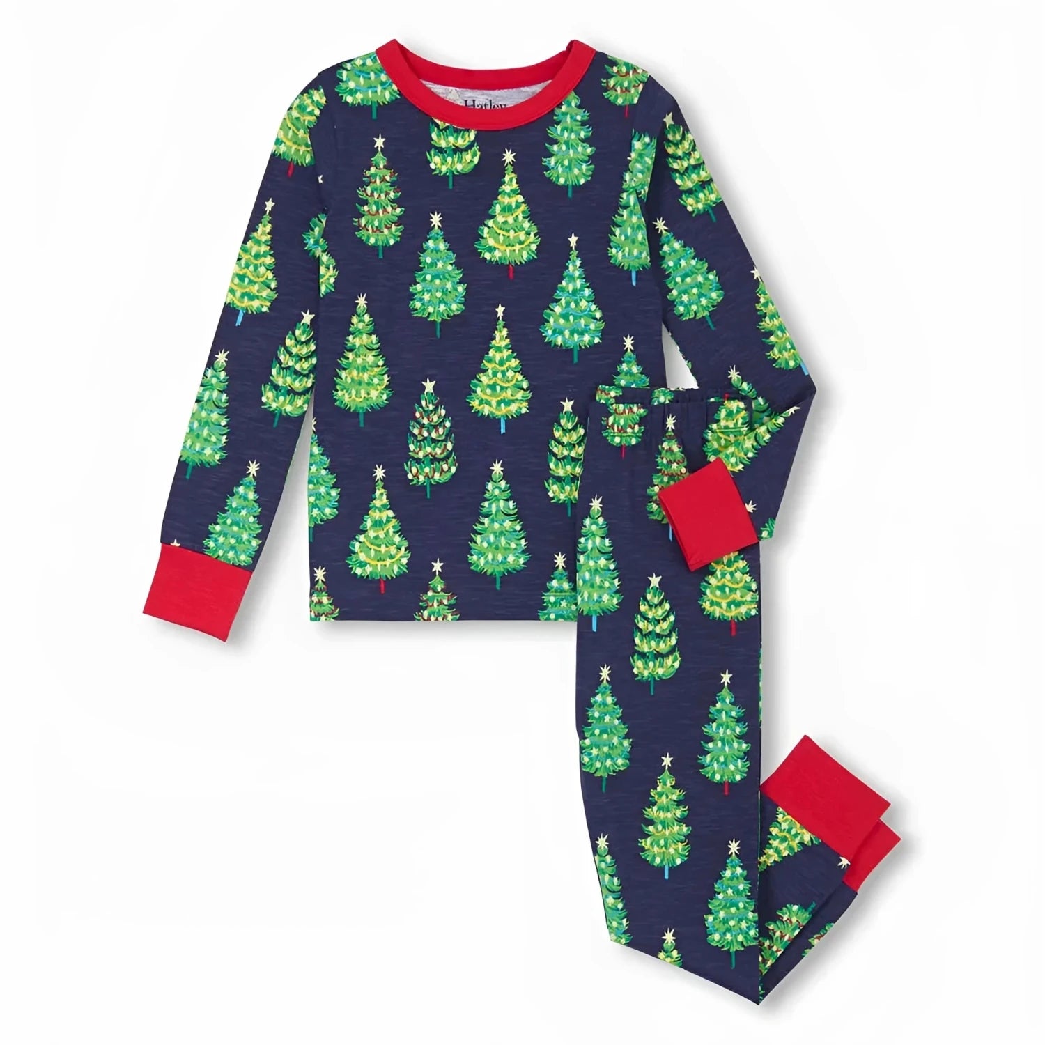 Hatley Kid's Cotton Pajama Set in glow in the dark navy bottle brush, set front view