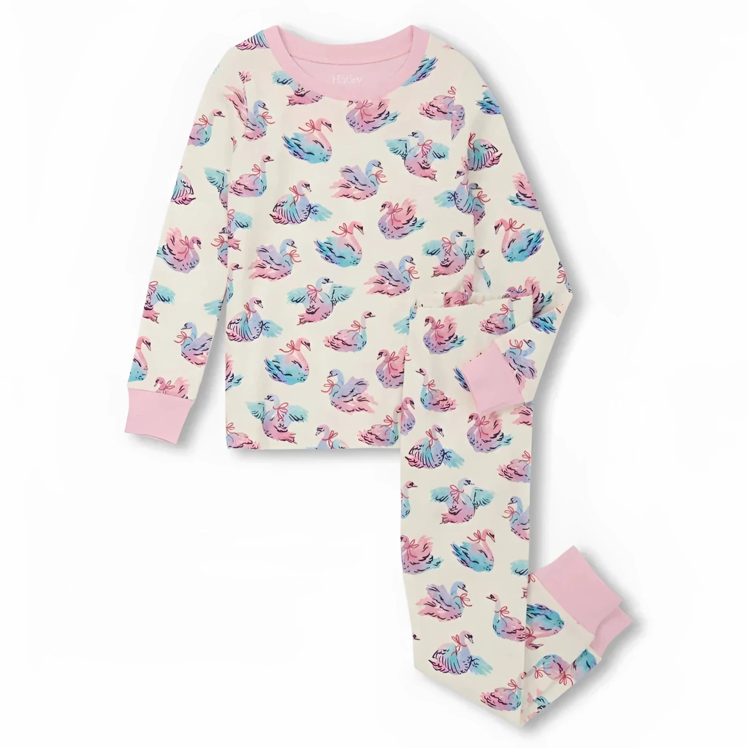 Hatley Kid's Cotton Pajama Set in elegant swans, flat front
