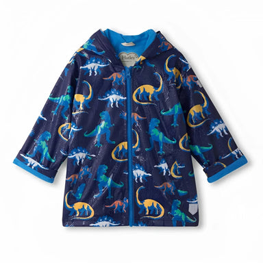 Hatley Kid's Colour Changing Zip-Up Rain Jacket in painted dinos, flat front view changed colors