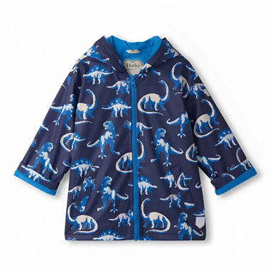 Hatley Kid's Colour Changing Zip-Up Rain Jacket in painted dinos, flat front view