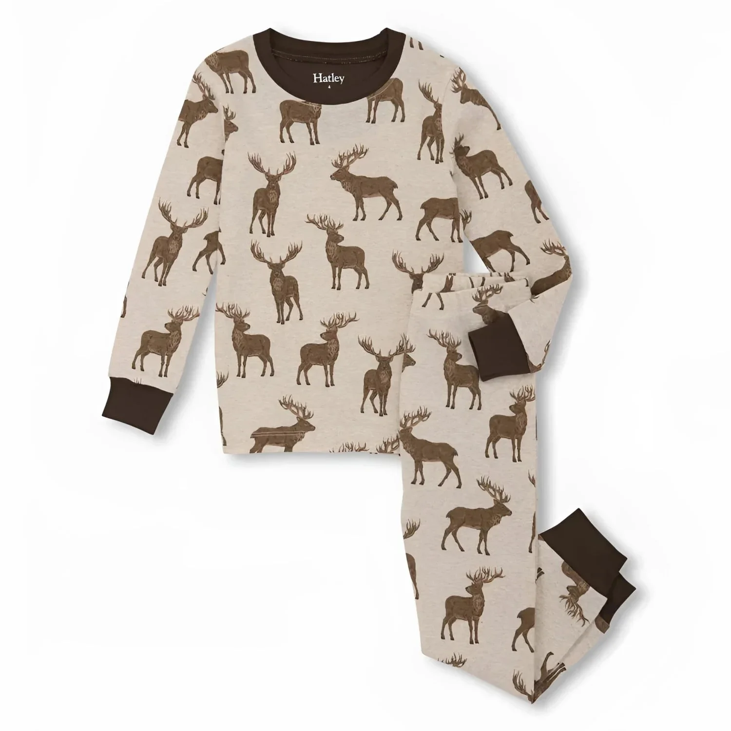 Hatley Kid's Cotton Pajama Set in pine brush stags, flat front