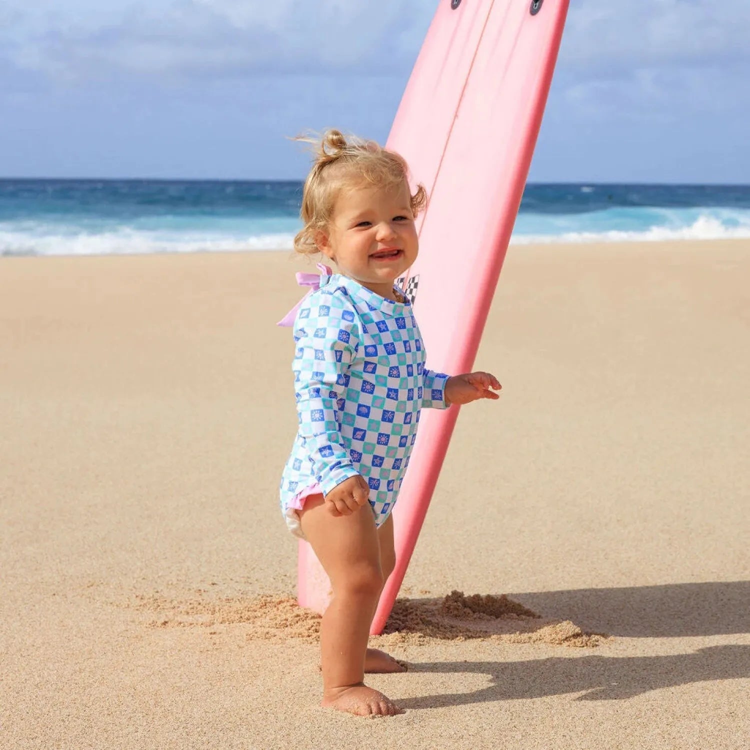 Feather 4 Arrow Baby Coastal Cutie Surf Suit in white checkered, on model lifestyle view