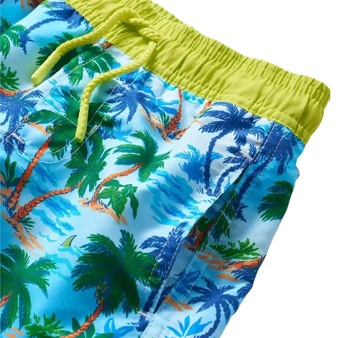 Hatley Boy's Tropical Swim Shorts in Deserted Island, front view of waist detail