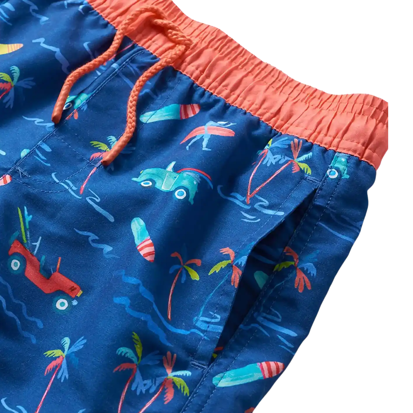 Hatley Boy's Tropical Swim Shorts in Surfs Up, front view of waistband detail