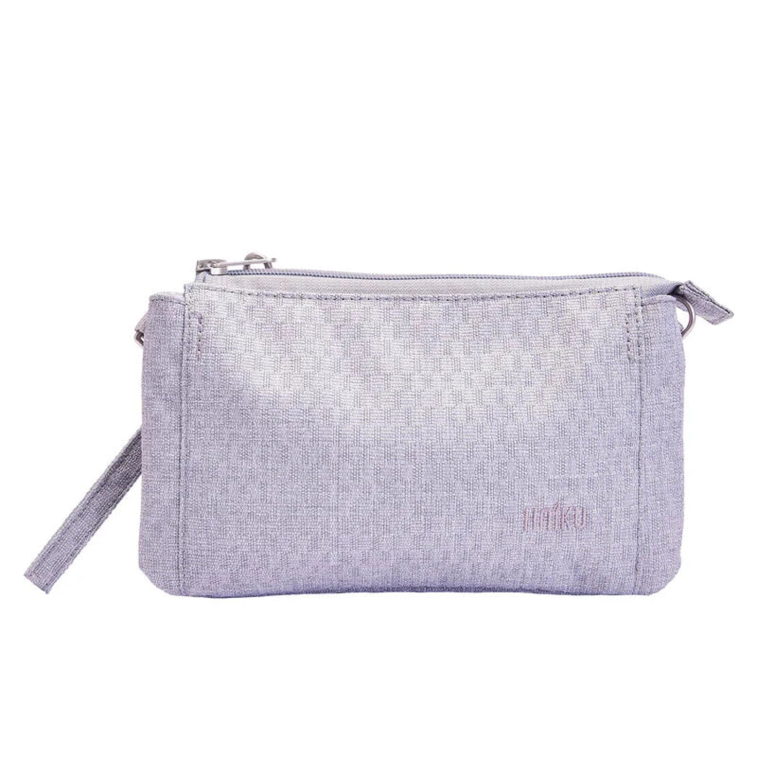 Haiku Stride Wristlet wallet clutch bag in stone grey, front