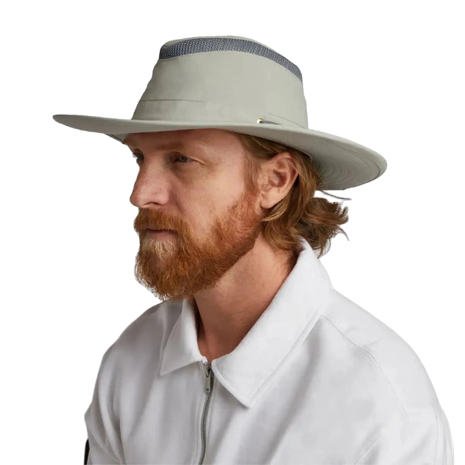 Tilly's broad brim sun hat shown on a model's head for fit and style, side view.