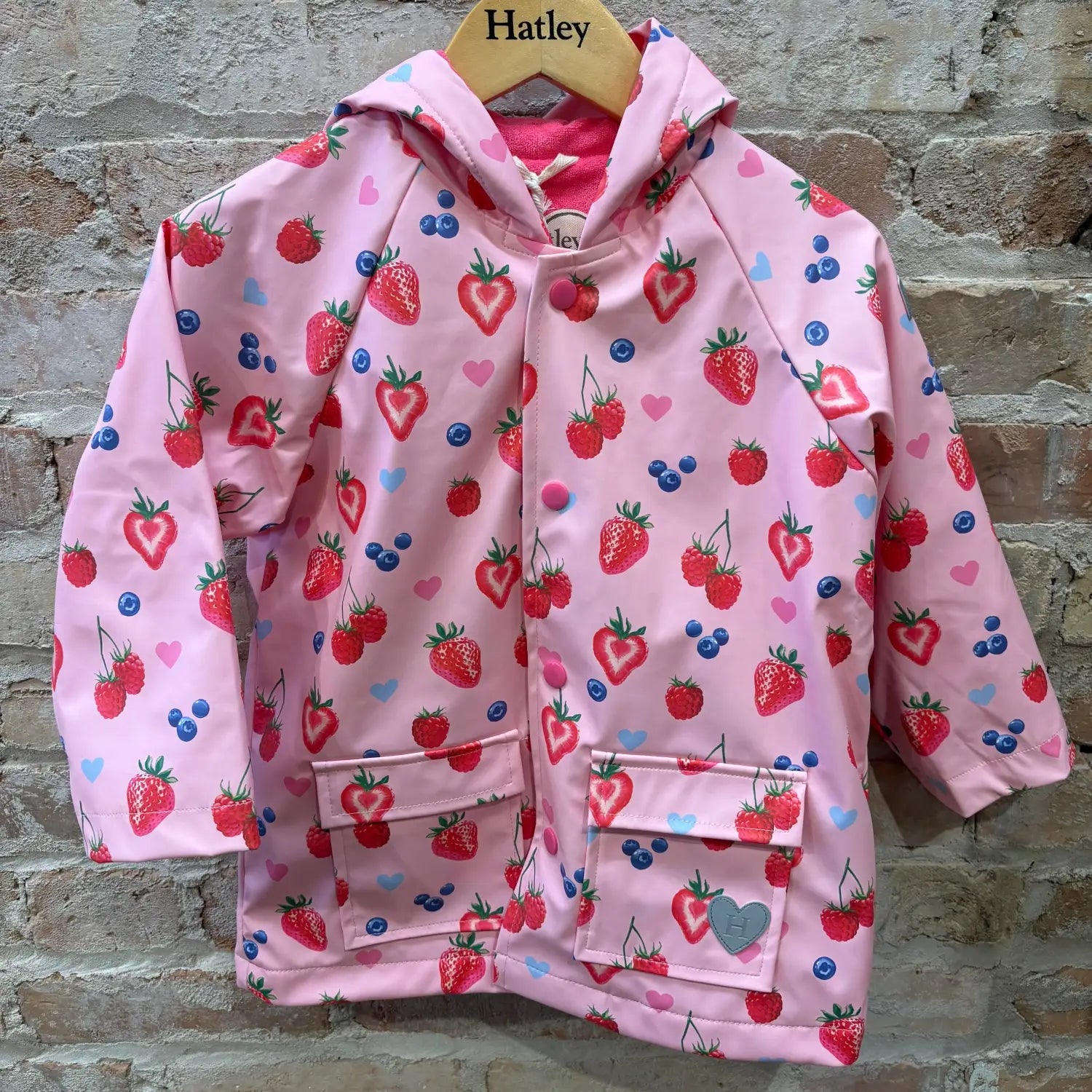 Hatley Kid's Snap Rain Coat, front view pink berries
