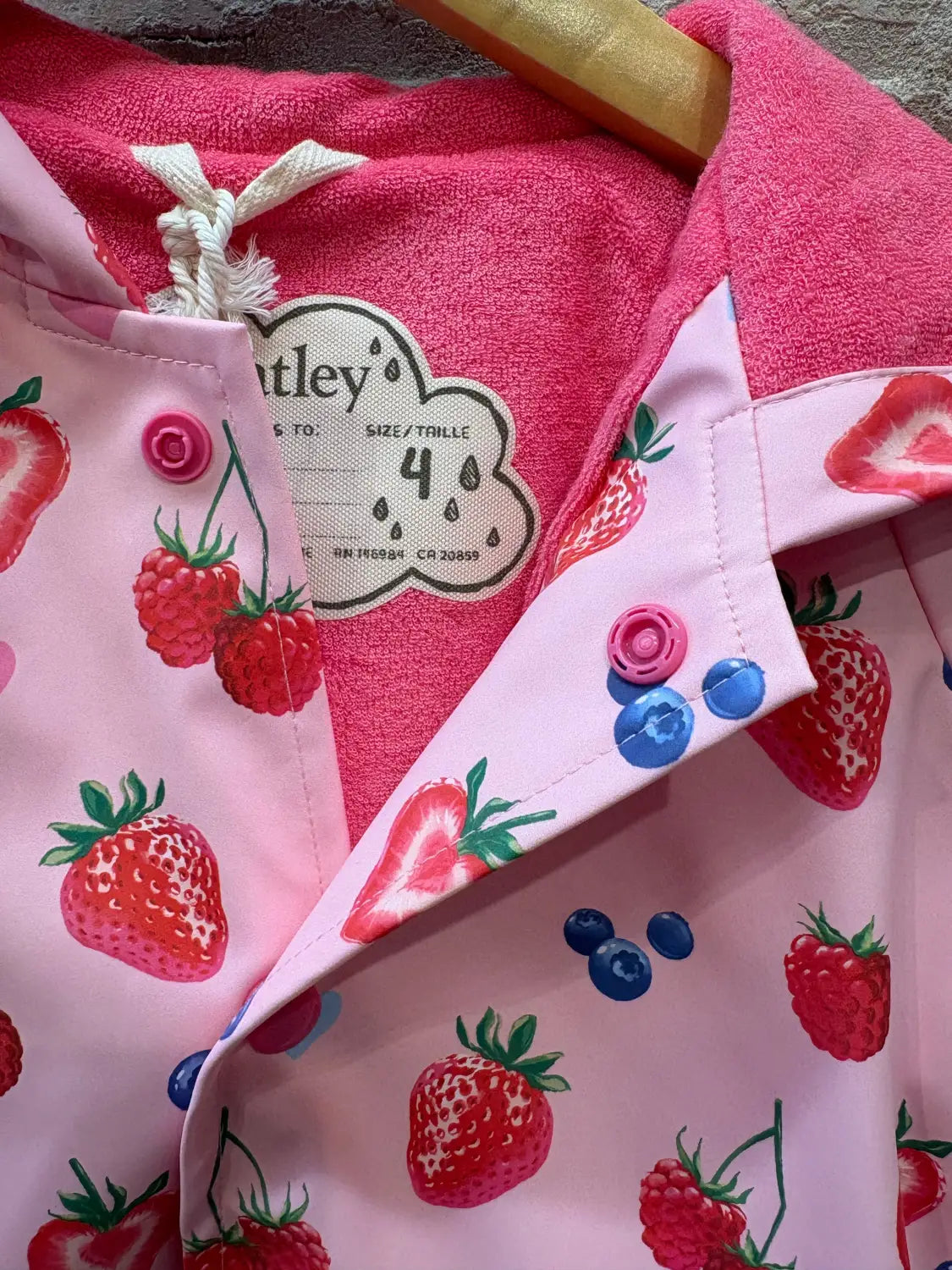 Hatley Kid's Snap Rain Coat, close up pink berries