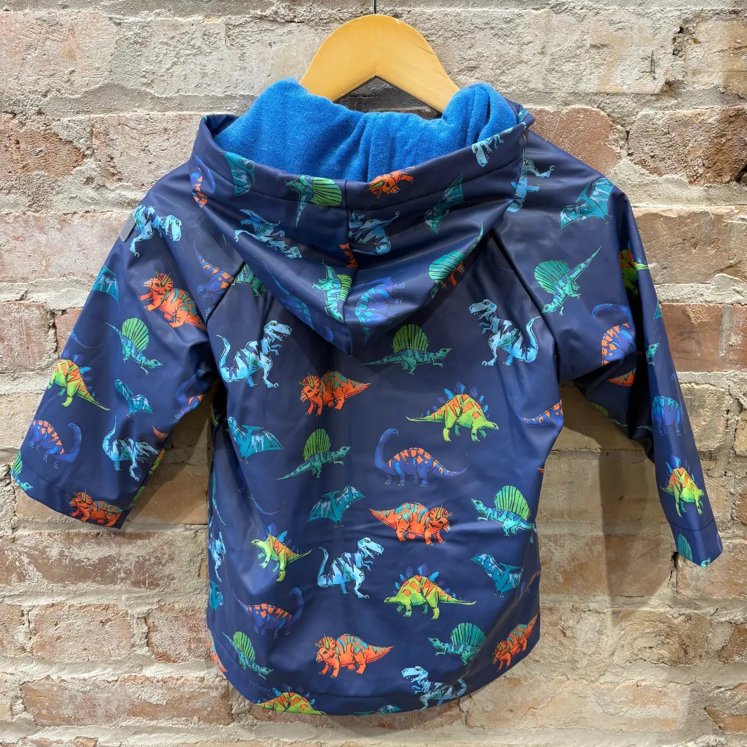 Hatley Kid's Snap Rain Coat, back view, blue dinos