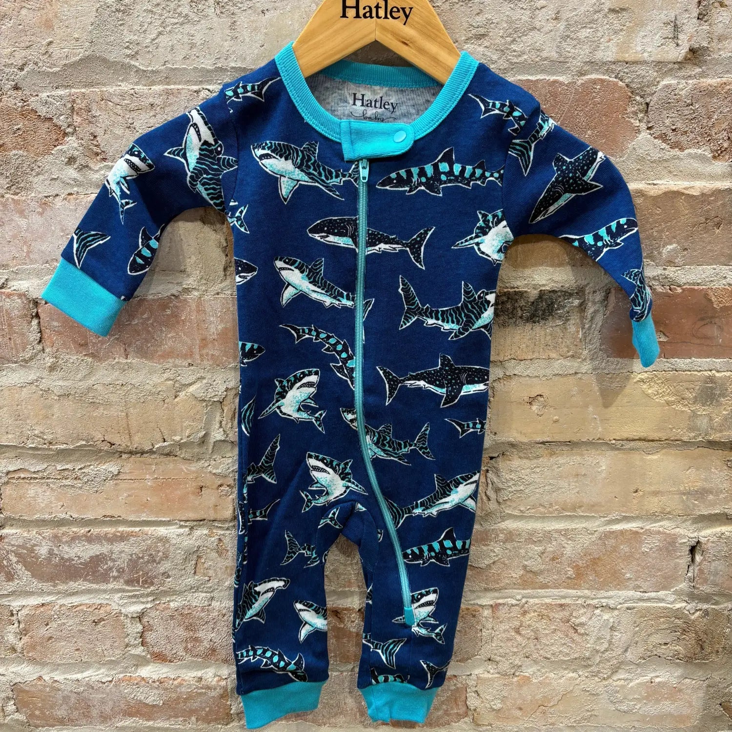 Hatley Baby Cotton Coverall, front view blue sharks