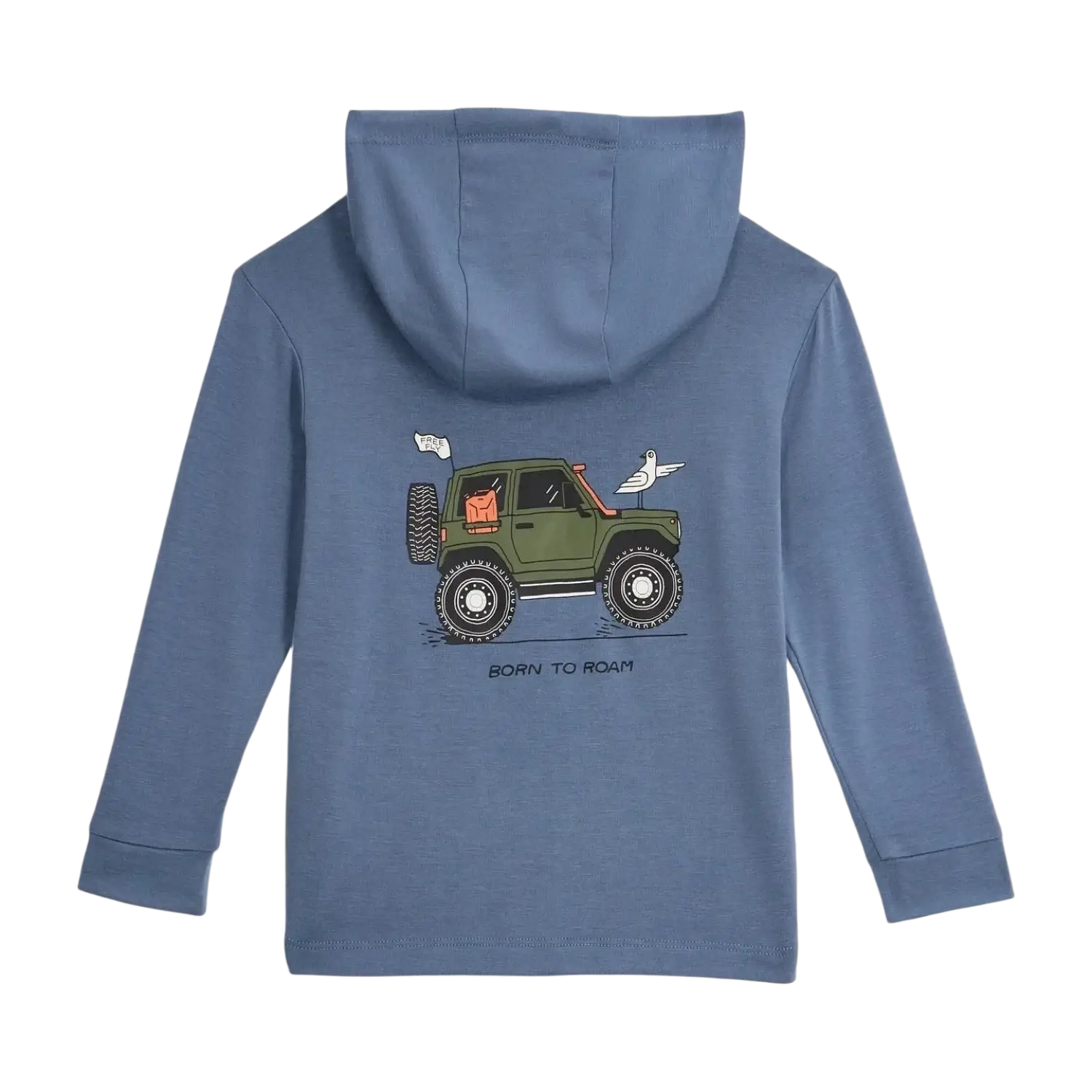 Free Fly Toddler Bamboo Shade Hoodie in free to roam & pacific blue, back view