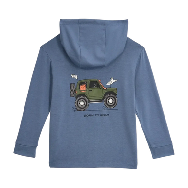 Free Fly Toddler Bamboo Shade Hoodie in free to roam & pacific blue, back view