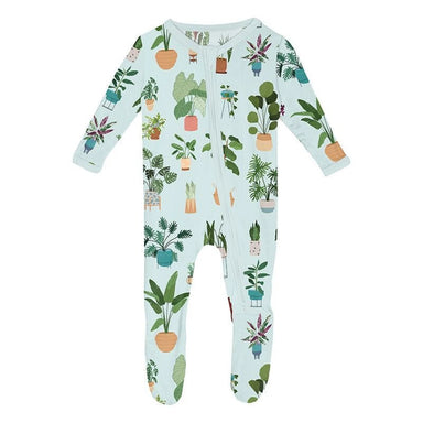 Kickee Pants Baby Print Footie with 2 Way Zipper in happy houseplants, flat front view