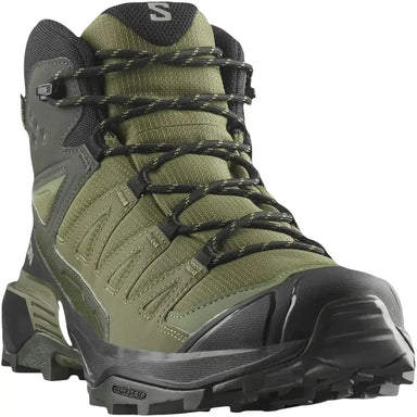 Salomon Men's X Ultra 360 Mid Gore-Tex Hiking Boot in olive night, black & peat, front view