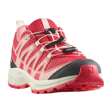 Salomon Kid's XA PRO V8 Junior in red rouge, almond milk & flamingo pink, front angled view