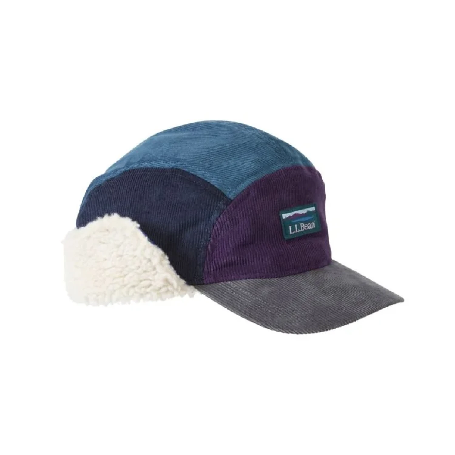 Multicolored cap with a white fur ear flap on a white background