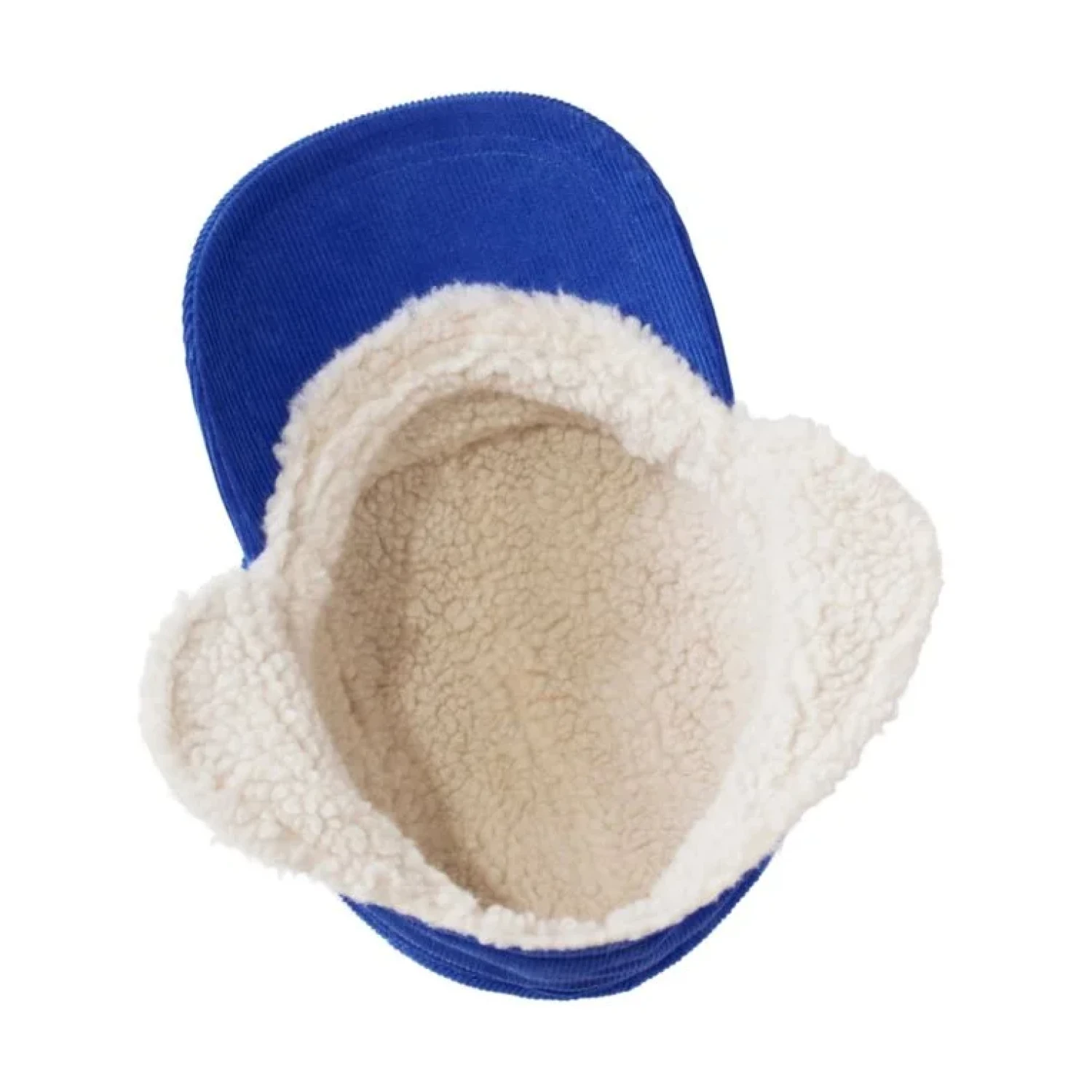 Blue hat with white fleece lining on a white background