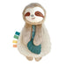 Itzy Ritzy's sloth teether with small ribbon tabs, silicone leaf-shaped teether and sherpa body. Front view.
