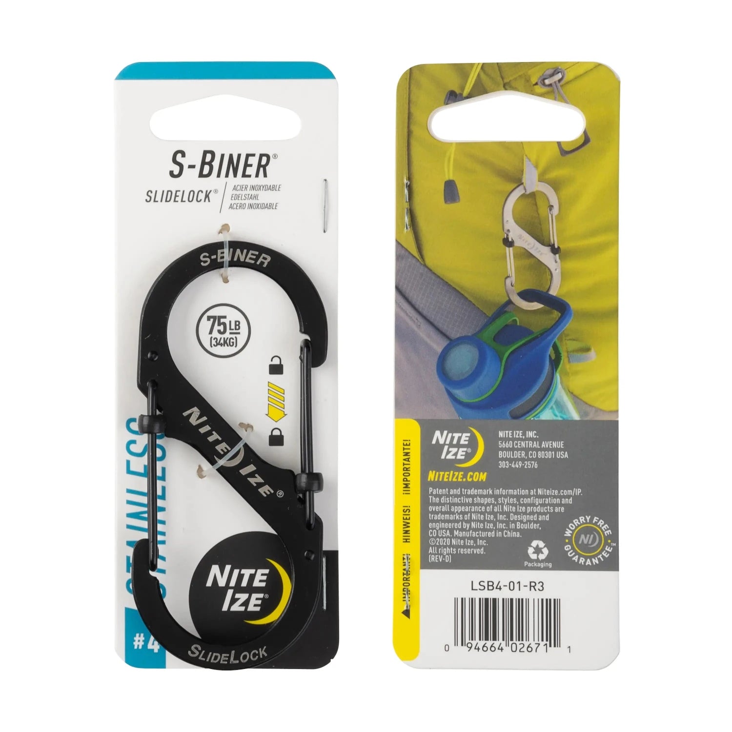 Nite Ize S-Biner® SlideLock® Stainless Steel #4 in black on packaging