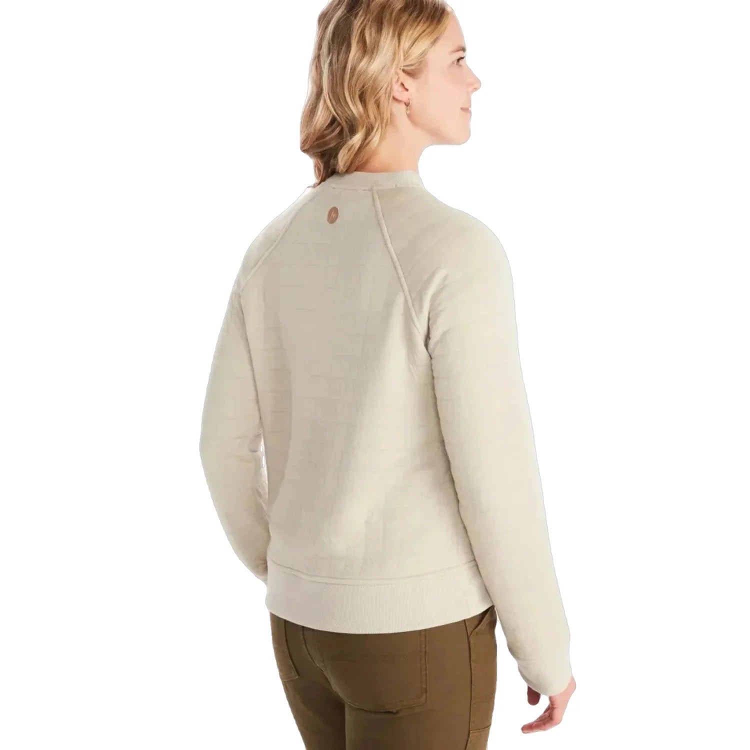 Marmot Roice Sweatshirt in Sandbar Off-white. Quilted Sweatshirt that hits at the hip. Back View.
