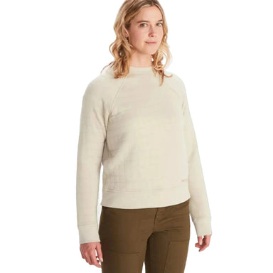 Marmot Roice Sweatshirt in Sandbar Off-white. Quilted Sweatshirt that hits at the hip. Front View.