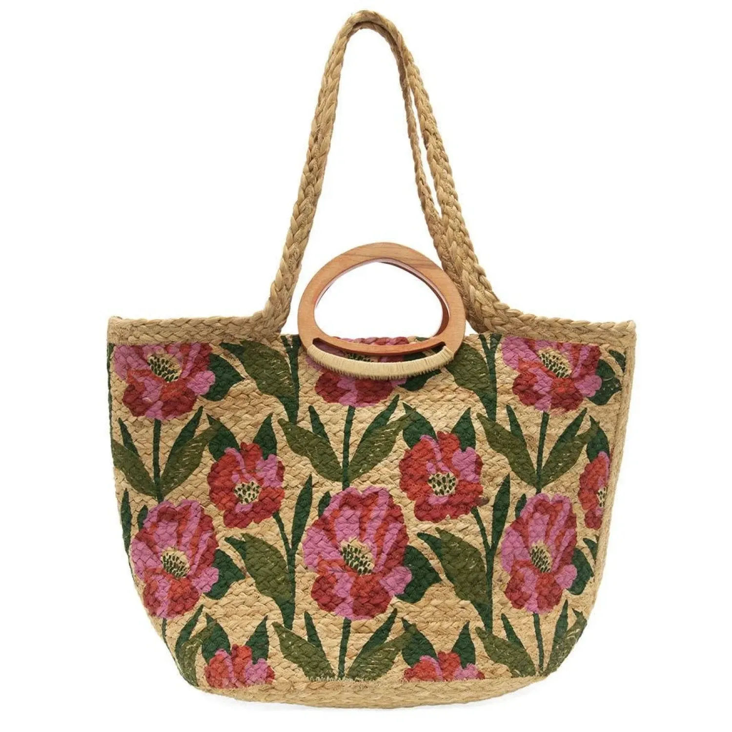 Joy Susan Nell Wood Handle Jute Tote in multi poppy front view