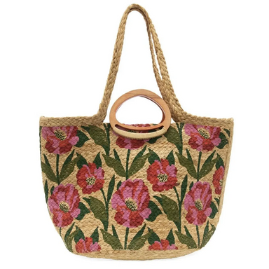 Joy Susan Nell Wood Handle Jute Tote in multi poppy front view