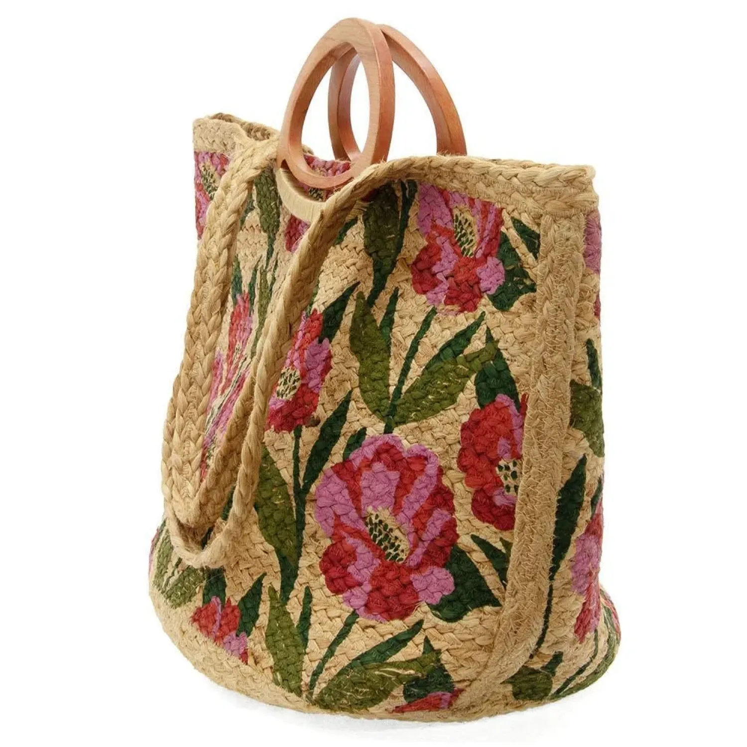 Joy Susan Nell Wood Handle Jute Tote in multi poppy side view