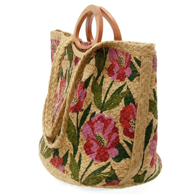 Joy Susan Nell Wood Handle Jute Tote in multi poppy side view