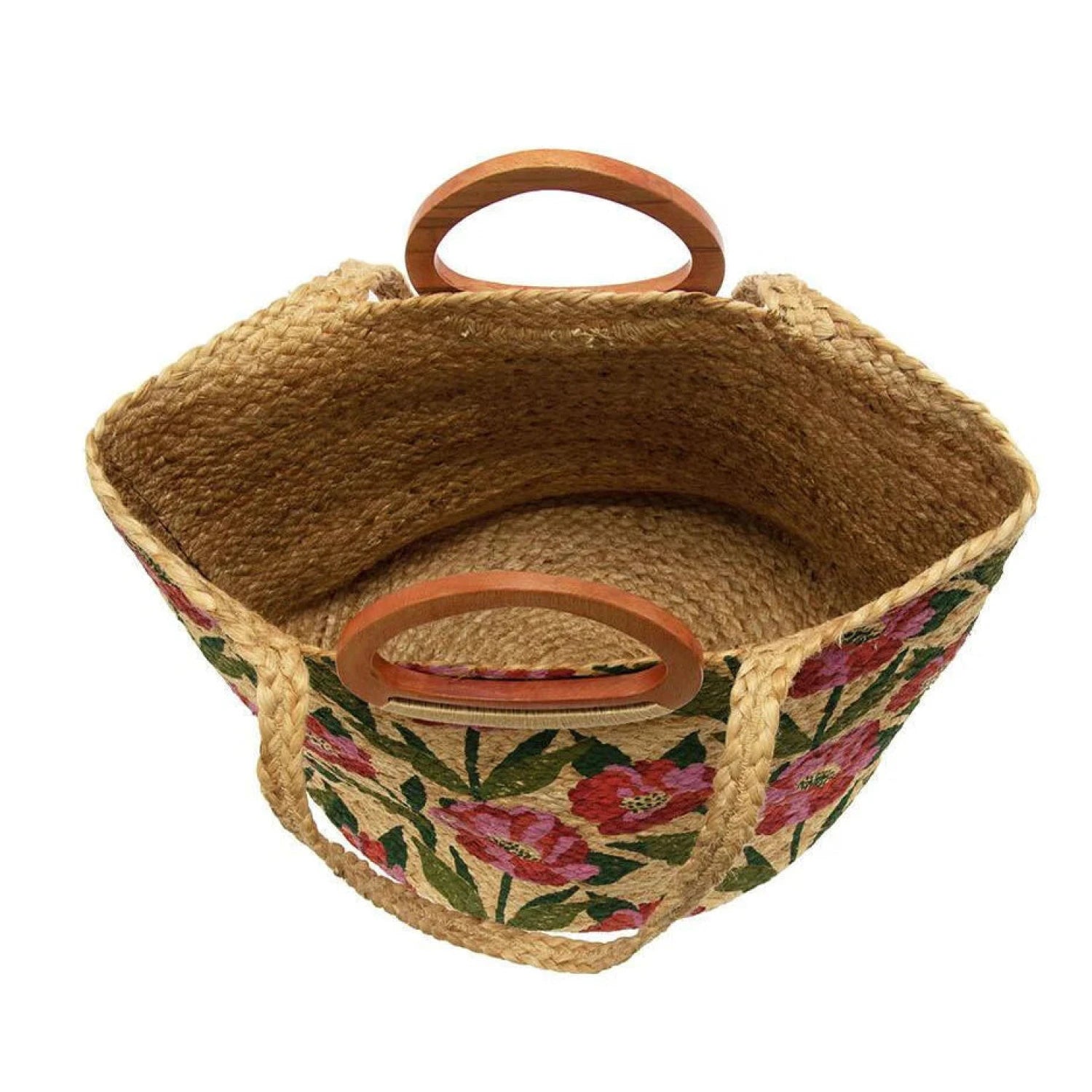 Joy Susan Nell Wood Handle Jute Tote in multi poppy top open view