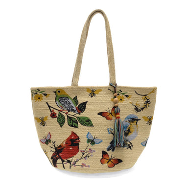 Joy Susan Avis Jute Tote with Tassel in multi painted birds, front view