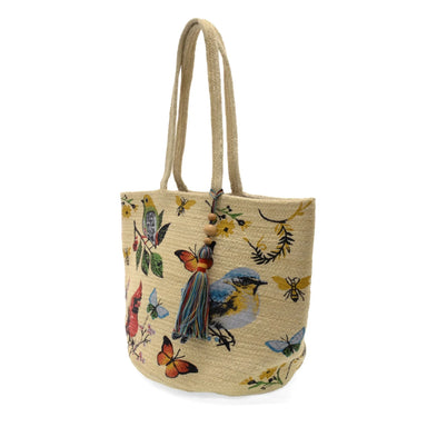 Joy Susan Avis Jute Tote with Tassel in multi painted birds, side view