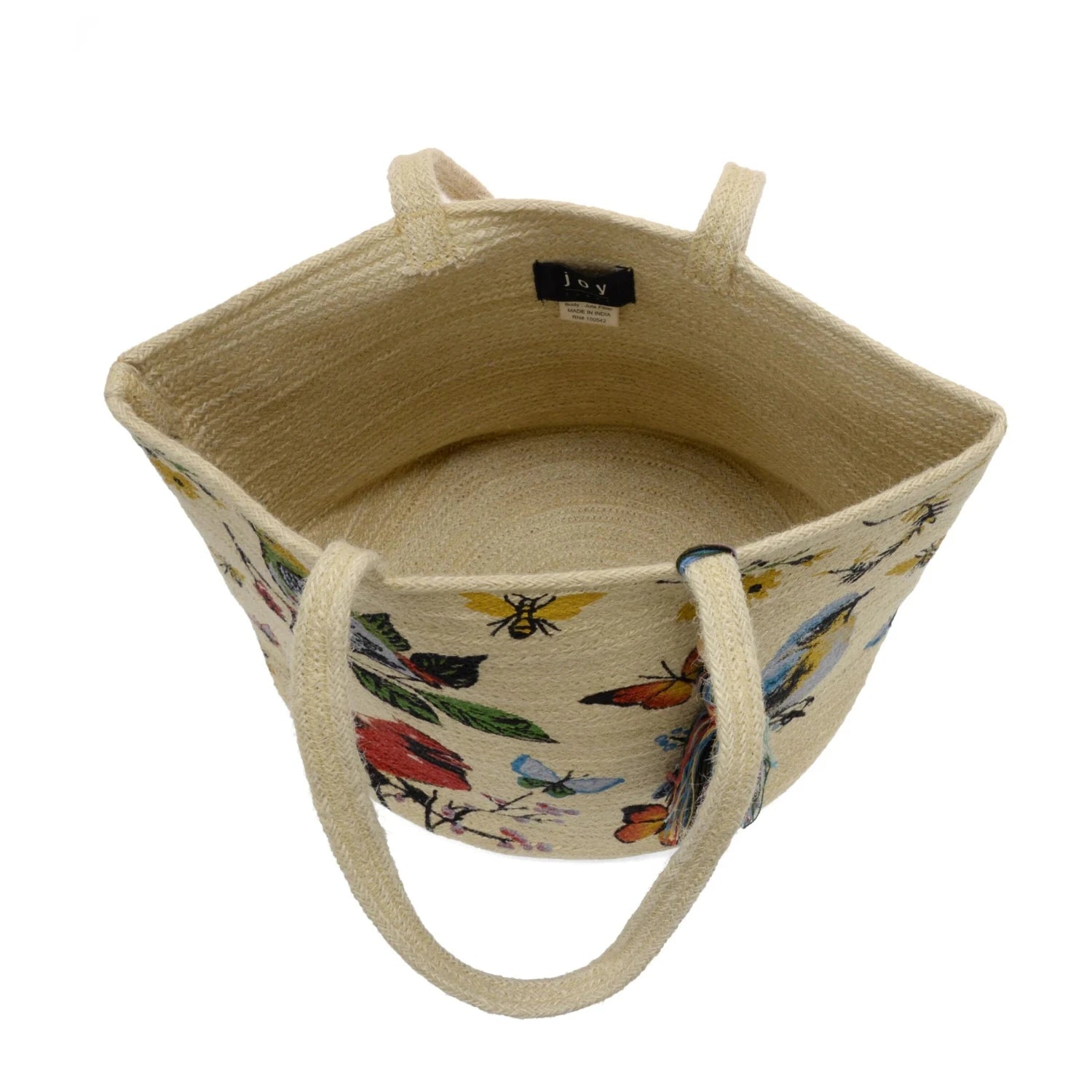 Joy Susan Avis Jute Tote with Tassel in multi painted birds, top open view