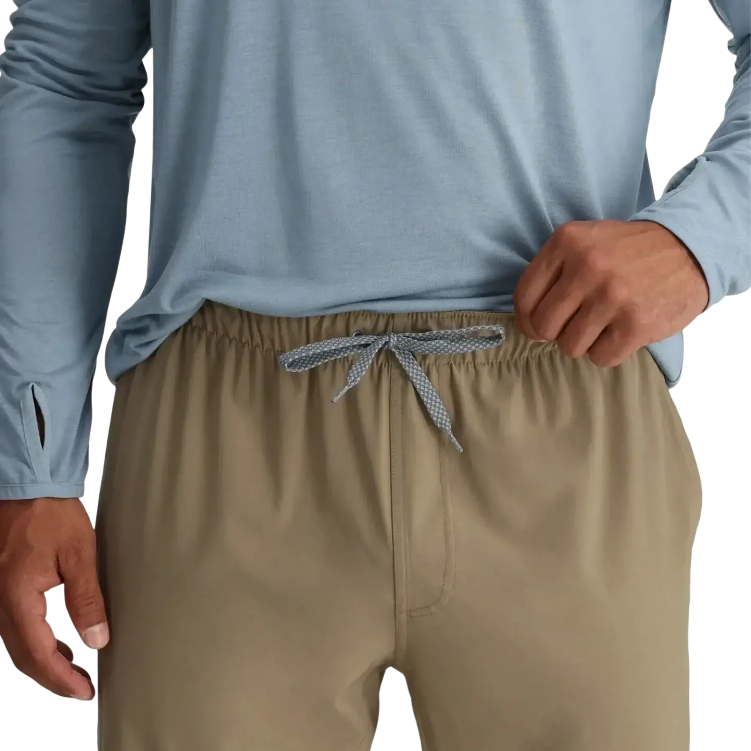 Free Fly Men's Breeze Pant in dark khaki, on model front tie view