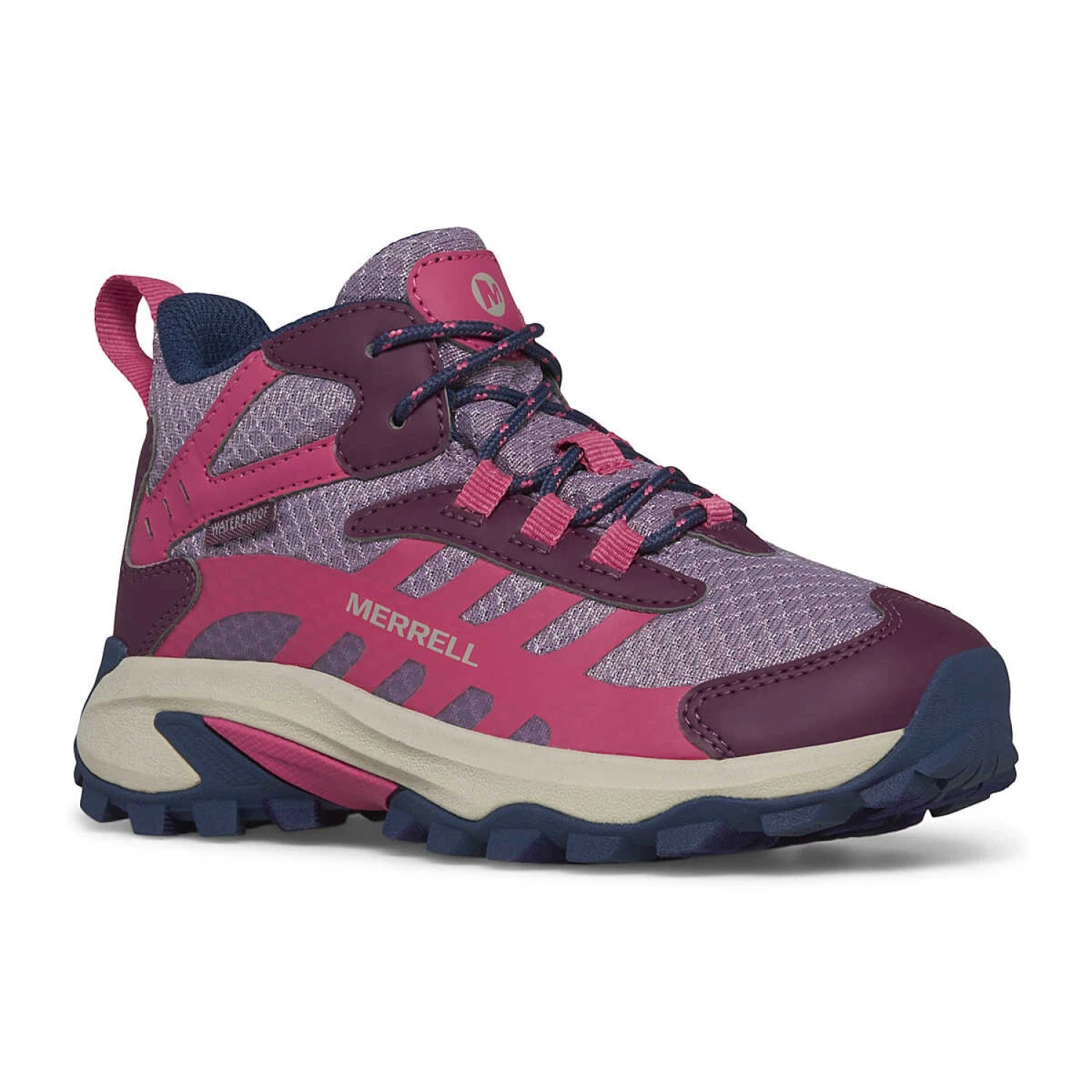 Merrell Kid's Moab Speed 2 Mid Waterproof in berry, front angled view