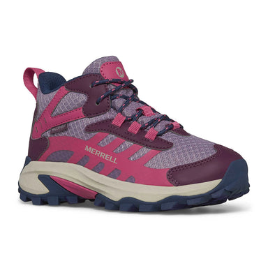 Merrell Kid's Moab Speed 2 Mid Waterproof in berry, front angled view