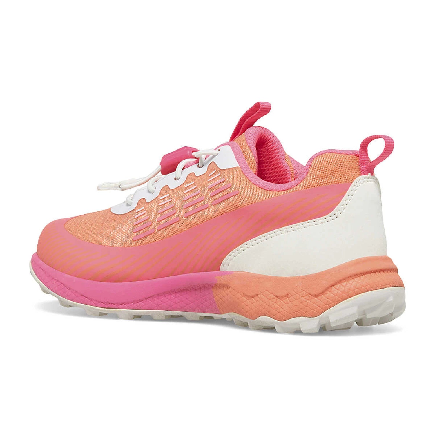 Merrell Kid's Agility Peak Athletic Shoes in orange, white & pink, back side view